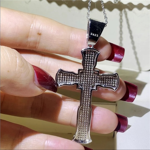 New Luxury 925 Silver Cross Men Women Diamond Necklace - Picture 9 of 16